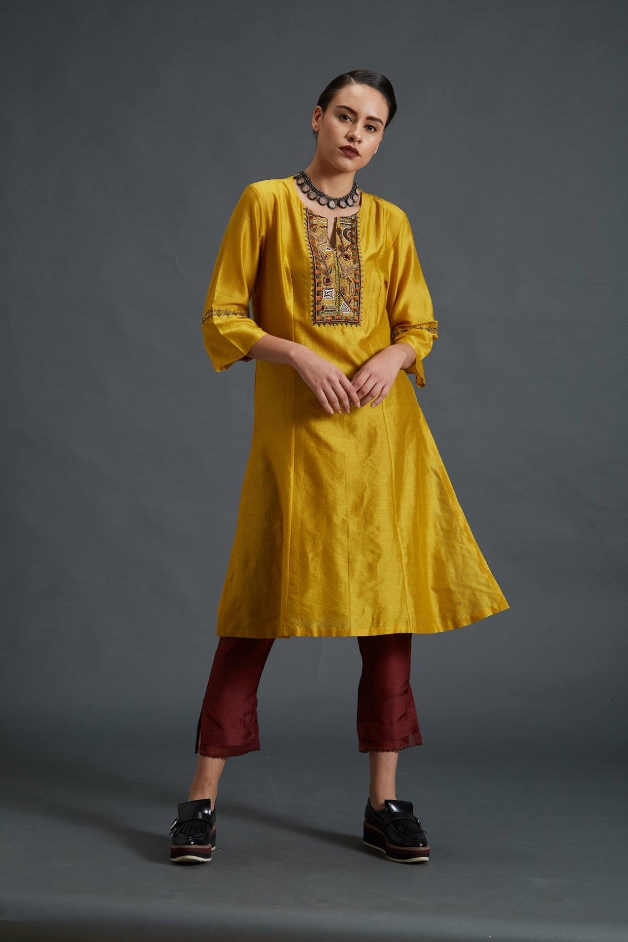 Chanderi Kurti and Habutai Silk Cropped Pants Set Up with Embroidered Yoke