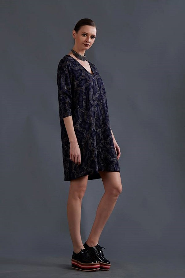 Navy Overall Embroidered Silk Satin