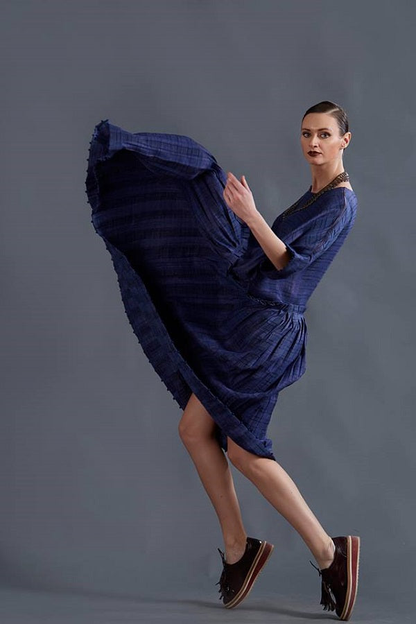 OVERSIZE PLEATED BLUE SILK LINEN DRESS