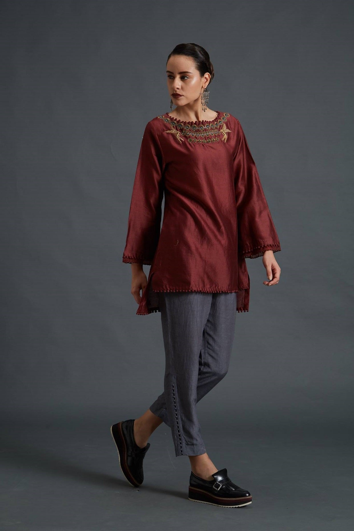 Chanderi Kurti with Embroidered Neck
