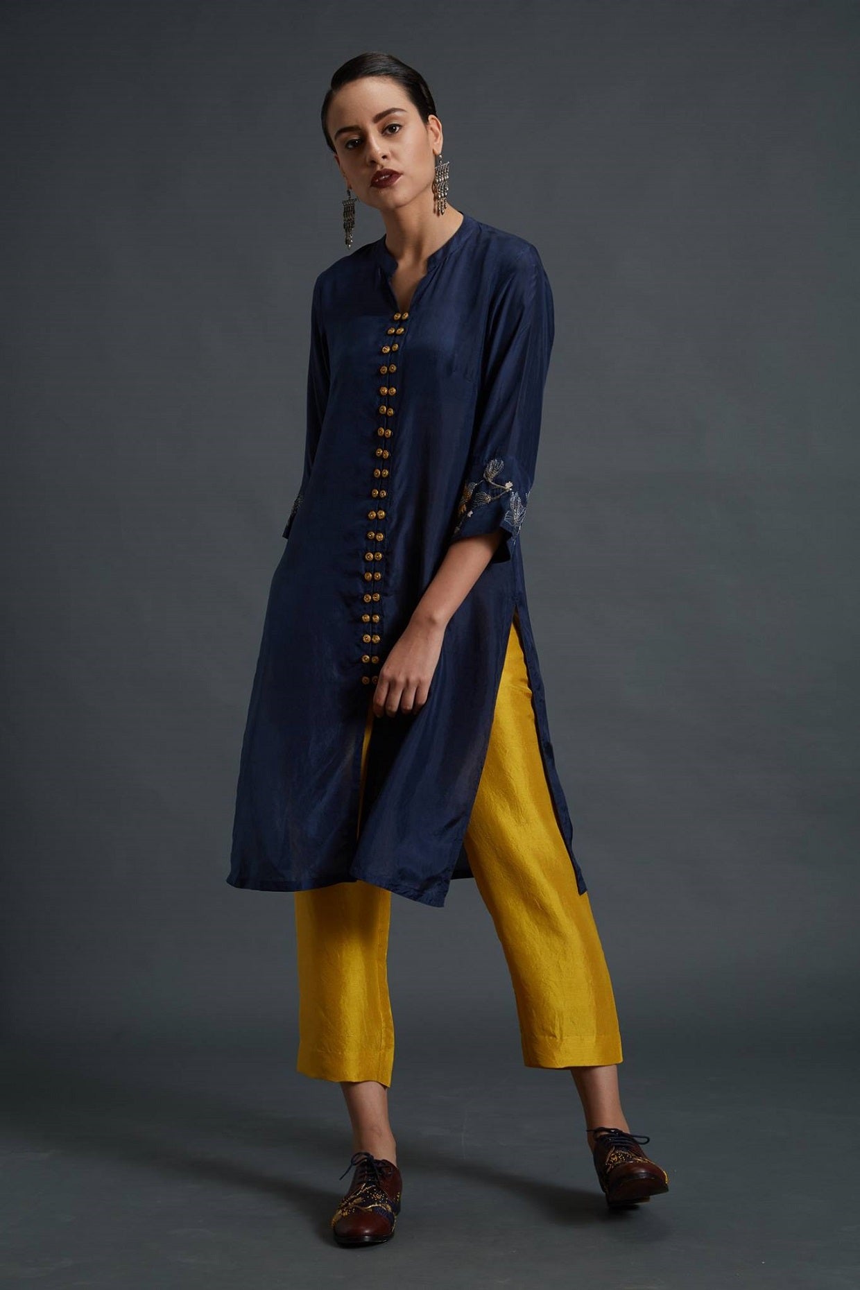 Habutai Silk Kurti with Potli buttons and Cropped Pants