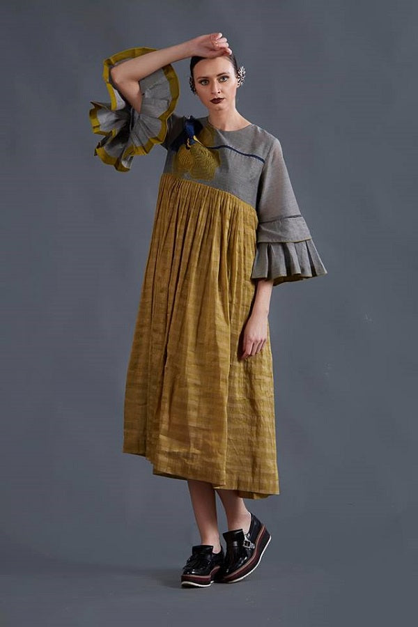 MUSTARD ORGANZA APPLIQUE DRESS