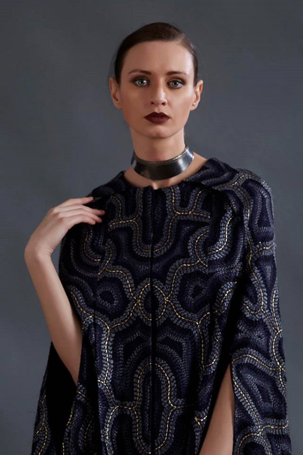 NAVY EMBROIDERED CAPE JACKET