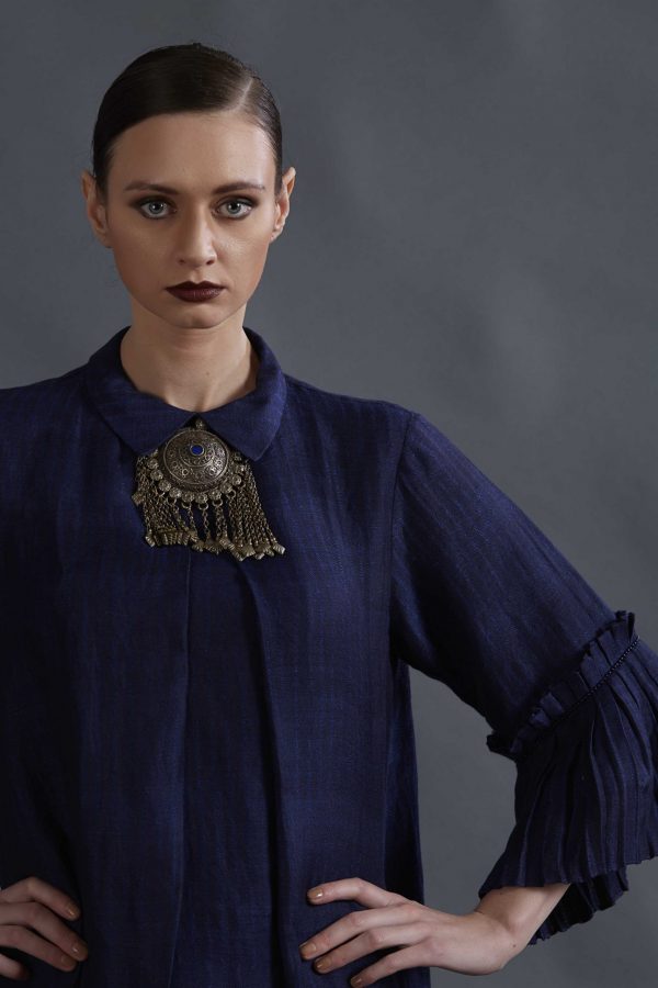 NAVY SILK LINEN TUNIC DRESS