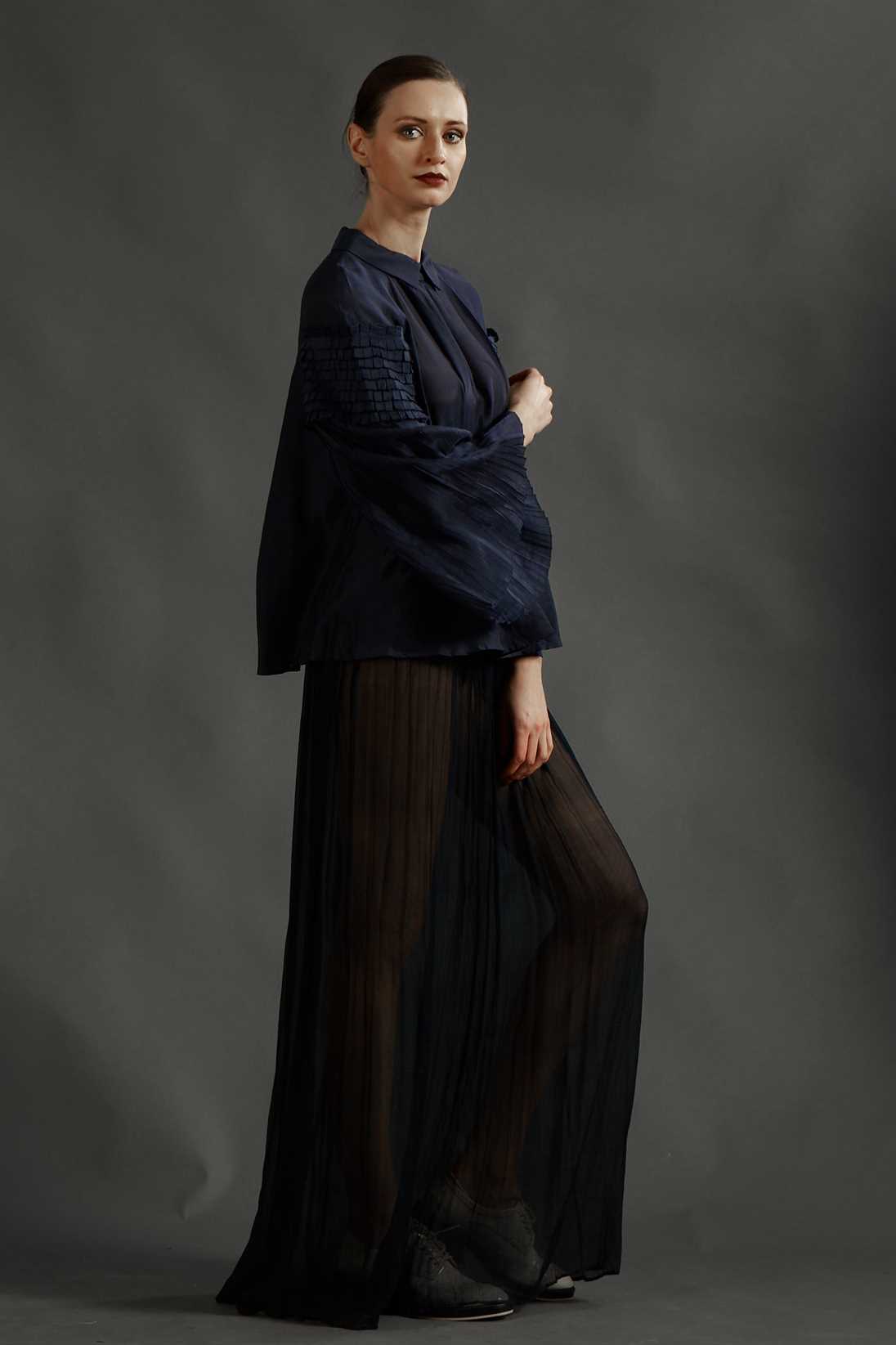 BLUE SILK CHIFFON SKIRT WITH EMB BELT