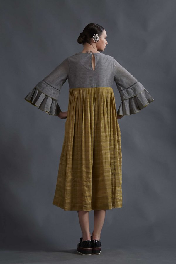 MUSTARD ORGANZA APPLIQUE DRESS