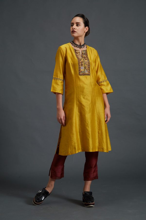 Chanderi Kurti and Habutai Silk Cropped Pants Set Up with Embroidered Yoke