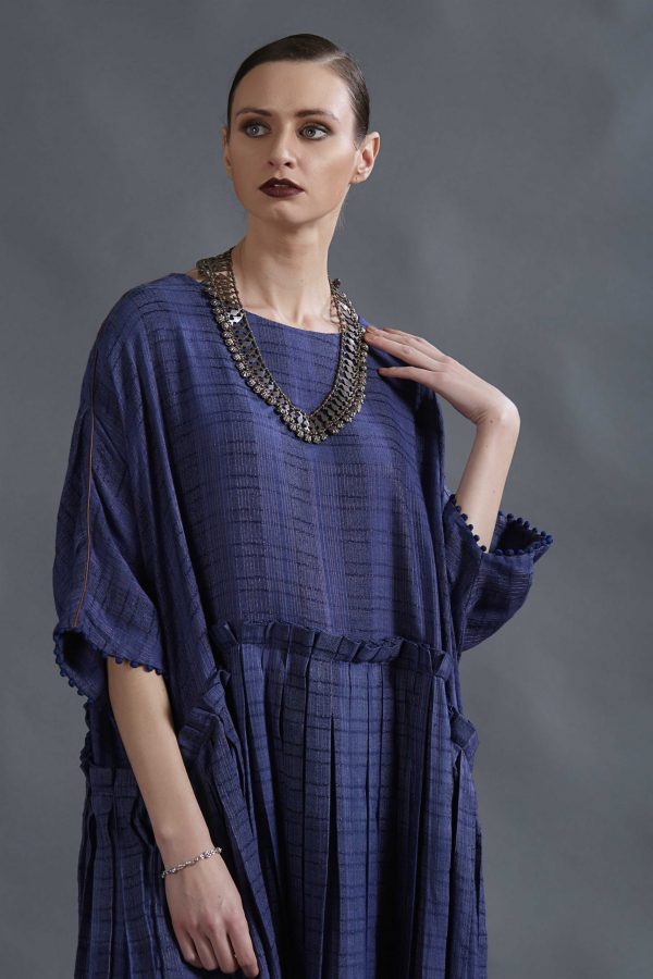 OVERSIZE PLEATED BLUE SILK LINEN DRESS