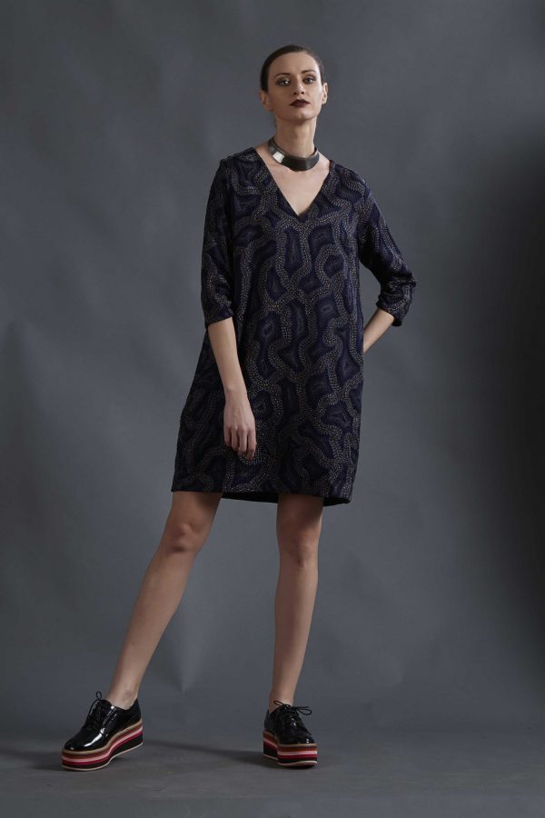 Navy Overall Embroidered Silk Satin