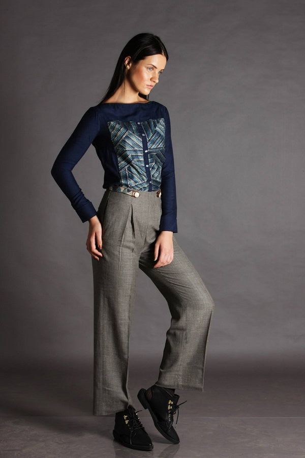 Pure Wool High Waisted Pants with Embroidered Belt