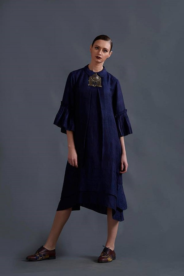 NAVY SILK LINEN TUNIC DRESS