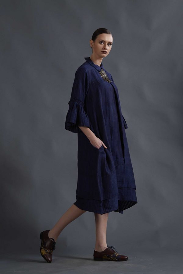 NAVY SILK LINEN TUNIC DRESS