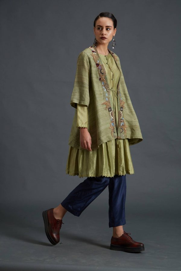 Chanderi Kurti and Habutai Silk Cropped Pants Set up with Jacket