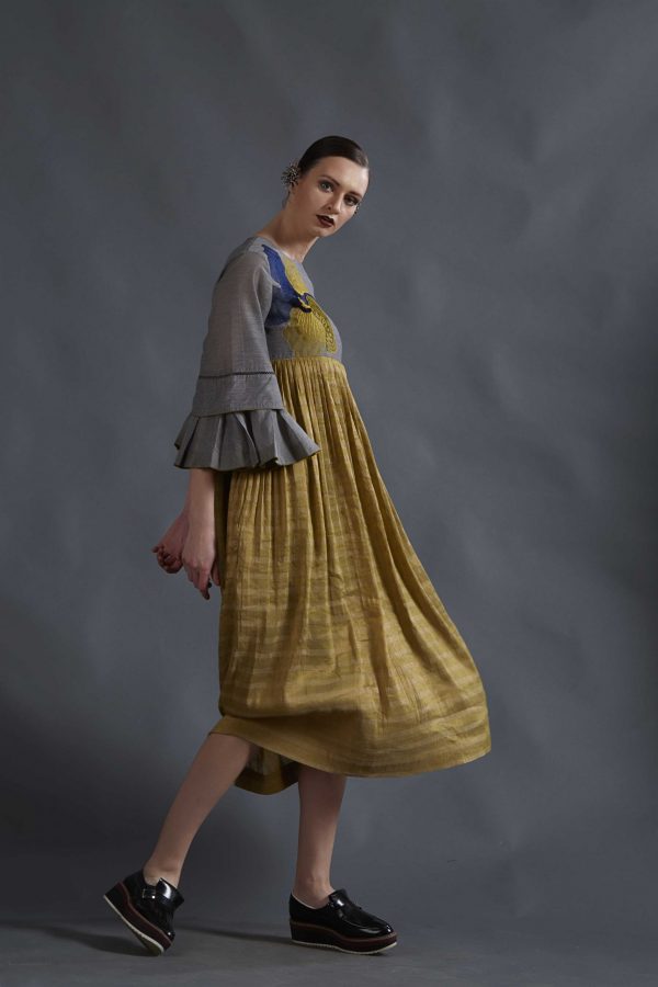 MUSTARD ORGANZA APPLIQUE DRESS