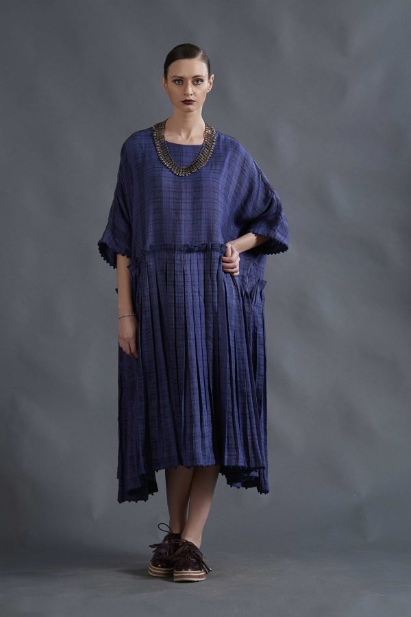 OVERSIZE PLEATED BLUE SILK LINEN DRESS