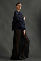 BLUE SILK CHIFFON SKIRT WITH EMB BELT